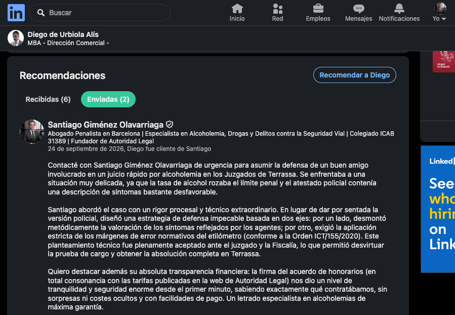 Captura de pantalla de la recomendación de Diego de Urbiola Alís en LinkedIn