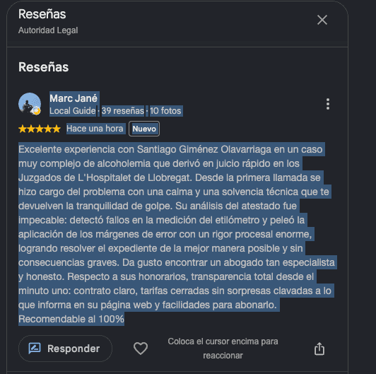 Captura oficial de la reseña de Marc Jané en Google Maps con insignia Local Guide Nivel 5