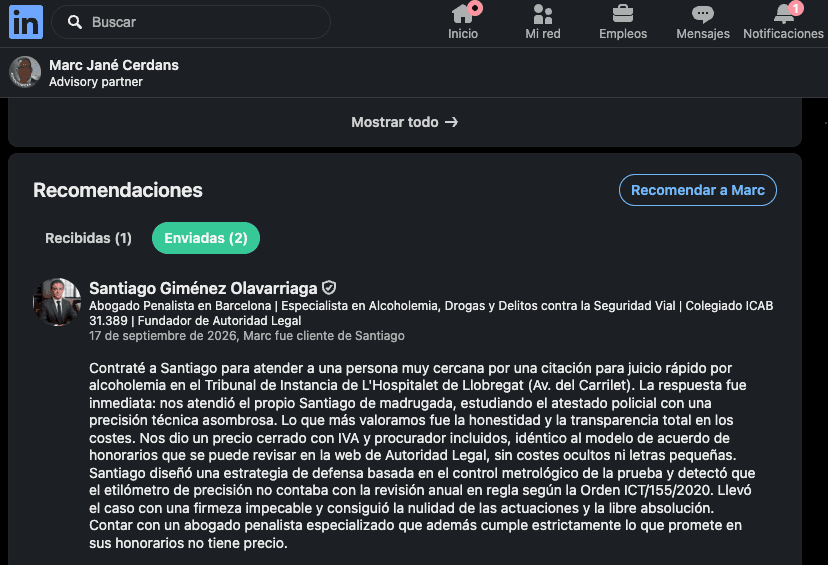 Captura de pantalla de la recomendación de Marc Jané en LinkedIn - Parte 1