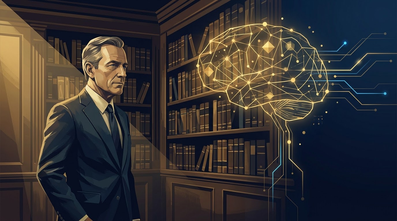 Ilustración que representa el paso del abogado penalista analógico de Barcelona en su biblioteca tradicional hacia la red de datos estructurados de Inteligencia Artificial (Grafo de Conocimiento) para juicios rápidos de alcoholemia.